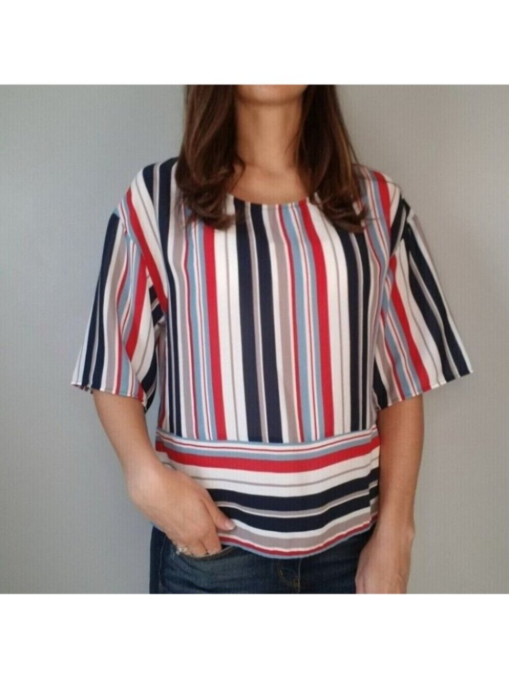 W5 Anthropologie Red White Blue Tan Striped Blouse Women's Size Small